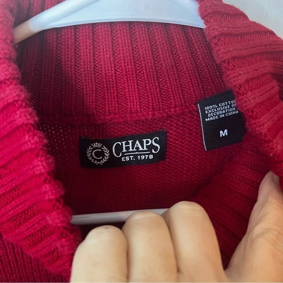 Chaps 1/4 Button High Neck Sweater Pullover Men Medium Red Moose Snowflakes - Picture 7 of 7